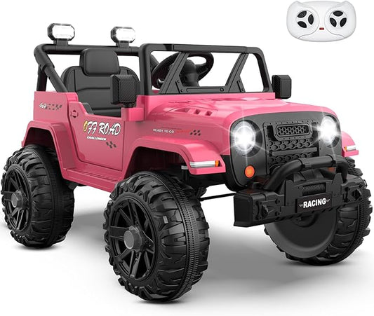 12V Ride On Truck Car with Remote Control, Kids Electric Vehicles with Bluetooth Music, Horn, 3 Speeds, 4 LED Lights, Soft Start, Ride on Toys for Toddler Boys & Girls (Pink)