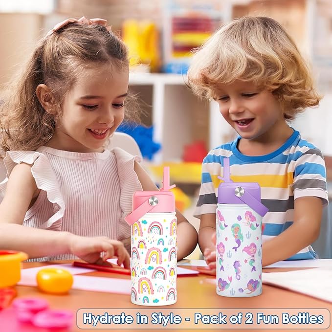 Kid Water Bottle 12oz with Straw Lid - 2-Pack Insulated Stainless Steel Water Bottles for Kids Girls - Travel Cup for School Sports, Rainbow & Mermaid