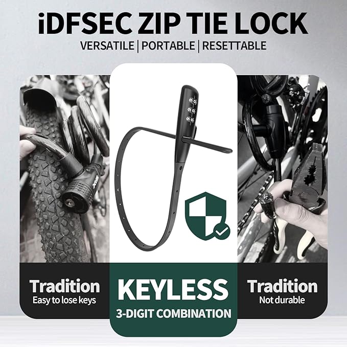 Zip Tie Lock, Adjustable Cable Tie with Stainless Steel Core - Multi-Purpose Cable Lock for Securing Helmets, Bicycles, Skis, Scooters, Café, Gate Door (3/Pack, Black)