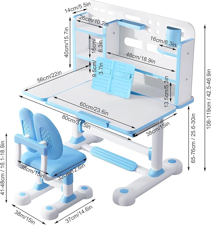 Kids Desk and Chair Set, 2025 Upgraded Height Adjustable Toddler Desk with 50-Degree Tiltable Desktop & Bookshelf & Storage Drawer, Ergonomic Kids Study Desk and Chair Set for Boys Girls Blue