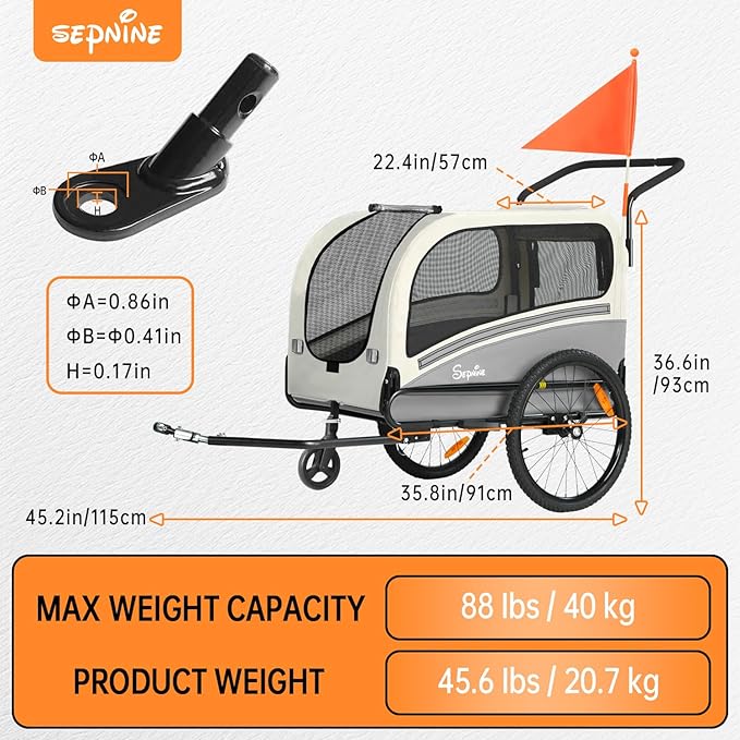 Sepnine Dog Bike Trailer, Supports up to 88 lbs, 2-in-1 Pet Stroller Cart Bicycle Carrier, Easy Folding Cart Frame with Quick Release Wheels, Universal Bicycle Coupler, Non-Slip Floor, Internal Leash
