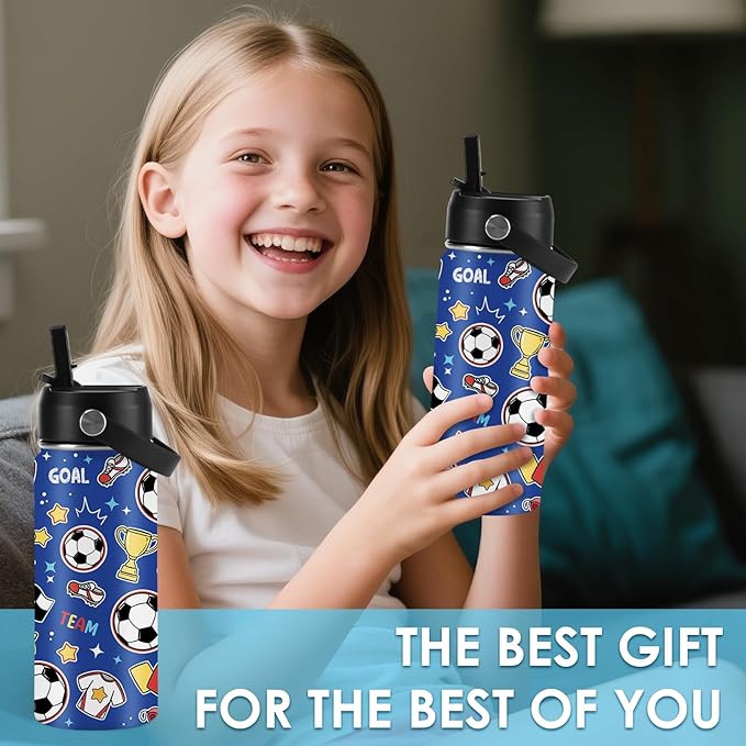 Soccer Gifts for Kids - 16 Oz Kids Water Bottle with Straw Lid, Stainless Steel Insulated Tumbler, Leak Proof, BPA-Free, for Girls, School, Travel - Soccer Lovers Children Birthday Gifts Cups(1pc)