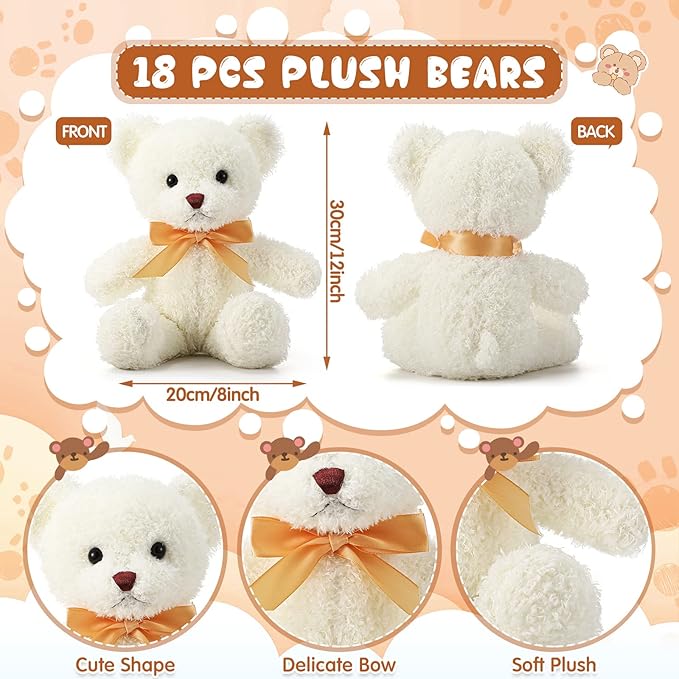 Lenwen 18 Pcs Bear Stuffed Animals Bulk 12 Inch Soft Plush Bears Doll Small Stuffed Toy for Boy Girl Baby Shower Valentines Christmas Birthday Decor Gift Party Favors(White)
