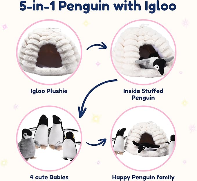 Penguin Stuffed Animal Set - 4 Soft and Cuddly Plush Penguins with Igloo - Perfect Penguin Plush Toy for Kids to Play, Cuddle, and Uplift Social Skills - Soft, Huggable, and Safe