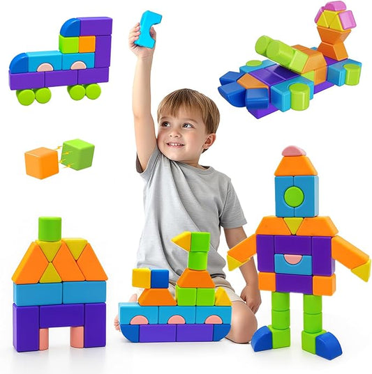 Magnetic Building Blocks, 37PCS Magnetic Blocks for Kids Ages 4-8, 3D Multi-Shape Stacking Blocks, Sensory Montessori Magnet Cubes Toys for Boys & Girls Ages 4+