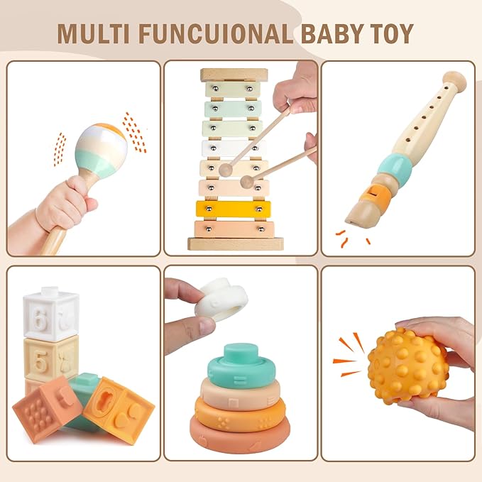 Baby Toys Montessori Toys for Babies, Wooden Musical Instruments Toy Stacking Building Blocks, Infant Teething Toys Sensory Balls, Xylophone, Birthday Gift for Toddlers
