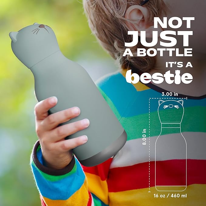 asobu Bestie Bottle Insulated Stainless Steel Water Bottle with Detachable Soft Animal Head Fun Drinking For Kids and Teens with Flexible Reusable Straw 16 Ounce (Cat)