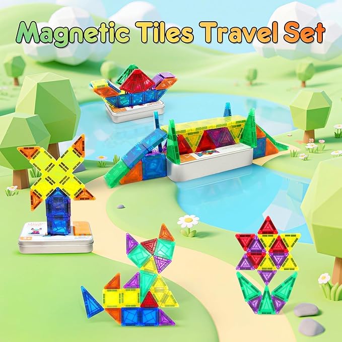 60PCS Mini Magnetic Tiles, Travel Toddler Toys Set, Magnetic Building Blocks, Portable STEM Kids Toys for 3-8 Years Old Boys Girls Birthday, Montessori Preschool Learning Sensory Toys