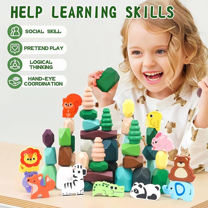 Wooden Stacking Rocks Toys Set for Kids Educational Stacking Blocks Building Blocks for Toddlers 1-3 Forest Theme Montessori Toys Creative Stacking Game for Children
