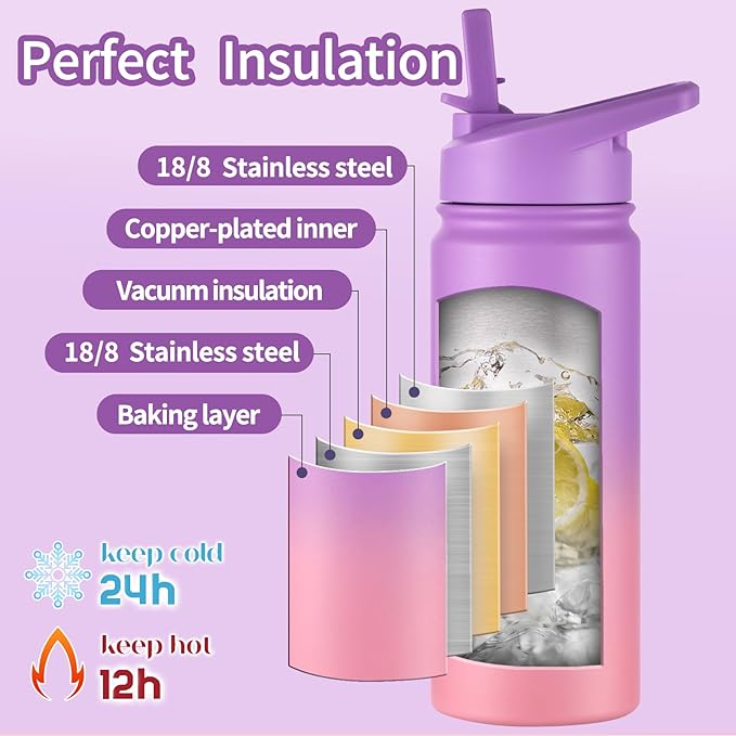 Mininoo Kids Water Bottle for School, 16oz Stainless Steel Insulated Water Bottle Kids with Paracord Handle for Girls, Boys (2 Pack)