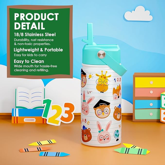 Animal Kids Water Bottle with Straw Lid 12oz Insulated Stainless Steel, Travel Tumbler, Gifts for Girls, Birthday, Christmas, Back to School