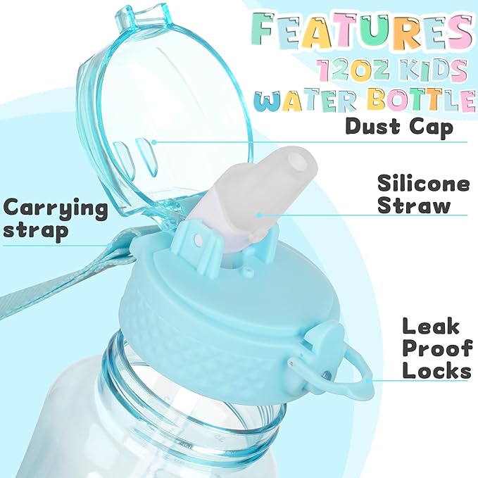 OLDLEY 12oz Kids Water Bottle for School - Motivational With Silicone Straw, Leak-Proof Tritan BPA-Free, Reusable for Girls Boys, Slate Blue