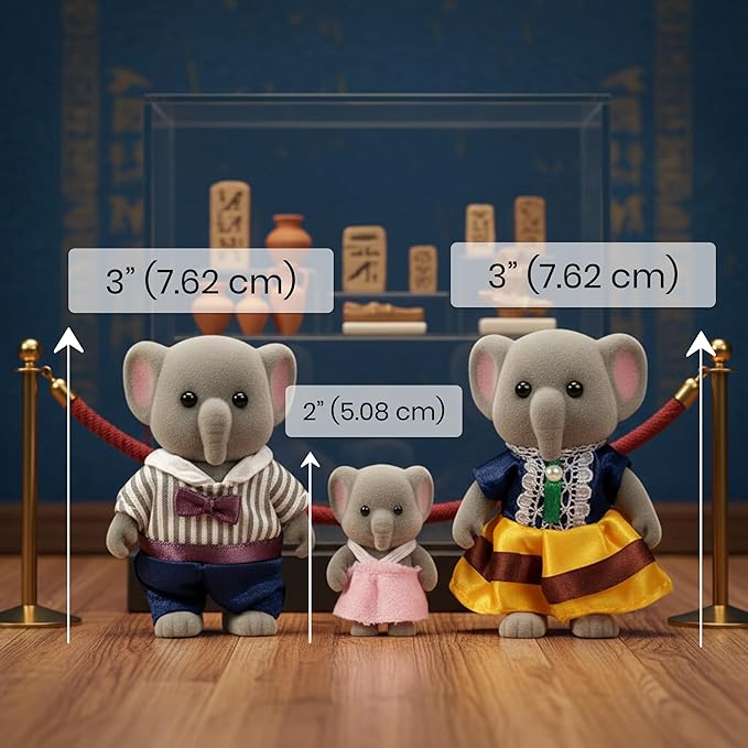 Family Gray Elephant Figures — Set of 3 Collectible Flocked Mini Dolls with Removable Clothes, Miniature Dollhouse Pretend Play Figures for Kids Ages 3+