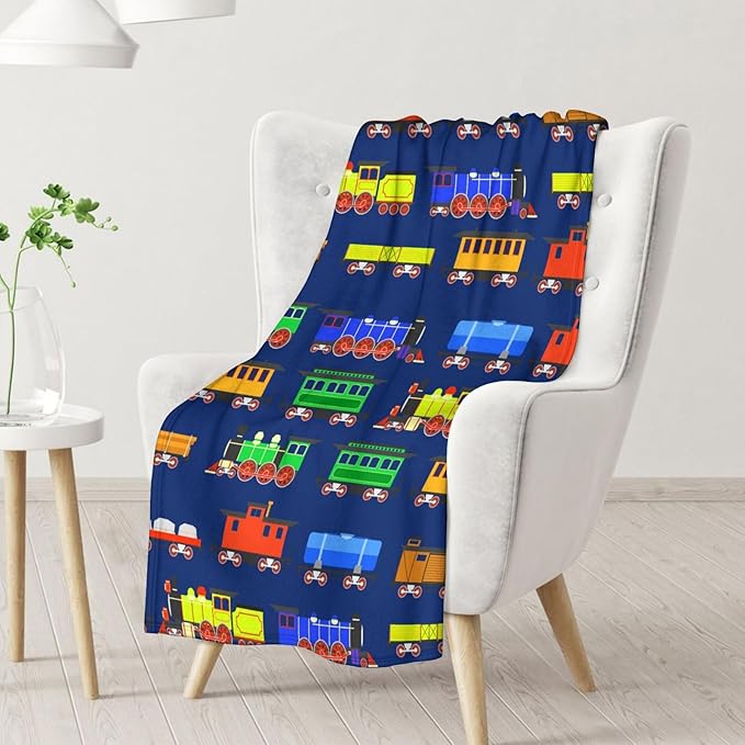 Train Blankets for Adults - Furry Comfort Throw Blanket - 60"x80" Inches Twin Size for Decorations - Dark Blue Train Gifts for Men