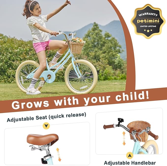 Petimini Girls Bike with Basket for 2-12 Years Old Kids, 12 14 16 18 20 Inch Bicycle with Bell Training Wheels Basket, Multiple Colors
