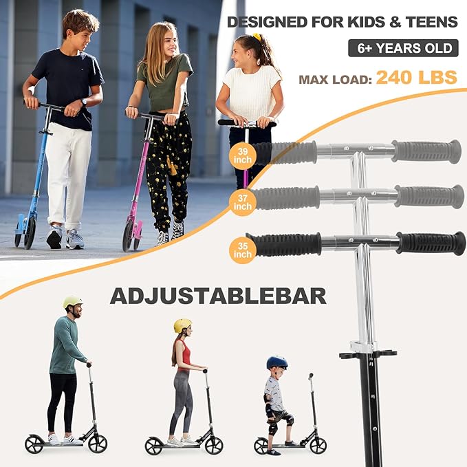 Kick Scooter for Ages 6+, Kids, Teens & Adults. Max Load 240 LBS. 8IN Big Wheels for Kids, Teens & Adults, 3 Adjustable Levels