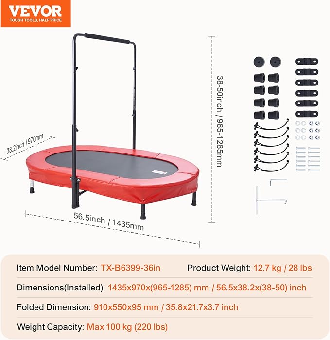 VEVOR 5FT Trampoline 50"/55"/56 * 35" for Indoor/Outdoor use for Toddlers, Foldable Mini Baby with Foam Handle, Recreational Birthday Gift