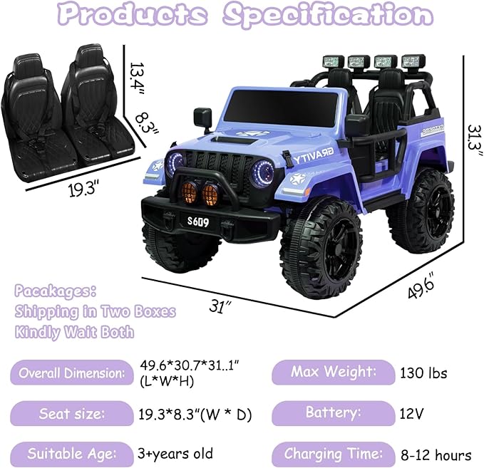 OTTARO 2 Seater Ride on Car Truck, 12V Large Electric car Vehicles 2 Seater Battery Powered Cars for Kids with Remote Control, Spring Suspension, LED Lights, Music (Blue)