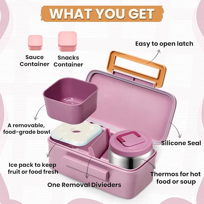 PIQUEBAR Bento Lunch Box for Kids with Thermo Ice Pack Lunch Food Container Insulated Bag, 18oz Plastic Sport Water Bottle for Kid Girls Boys (T-Pink Jellyfish)