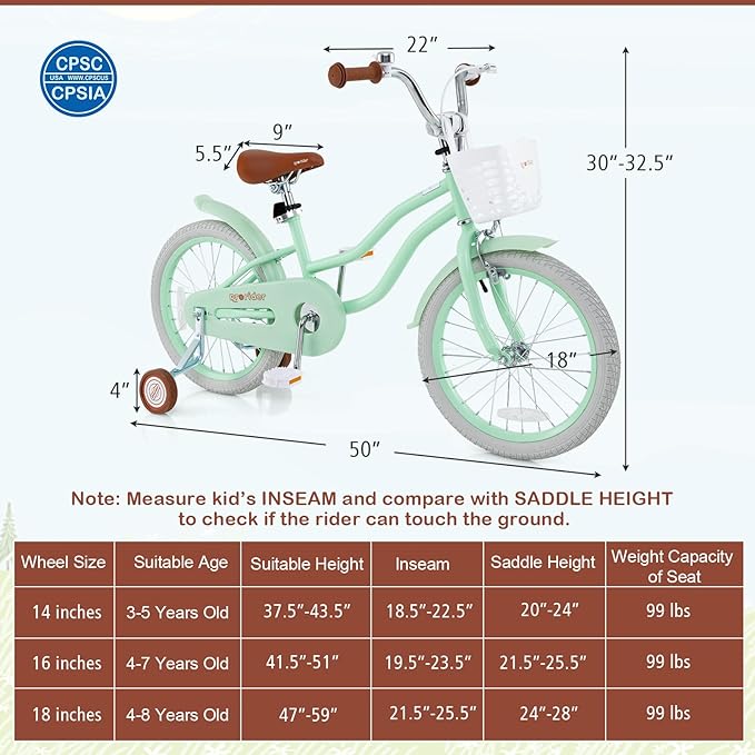 BABY JOY Kids Bike, 12 14 16 18 20 Inch Boys Girls Bike w/Adjustable Seat, Removable Basket, Handbrake & Coaster Brake, Training Wheels or Kickstand, Kids Bicycle with Multi-Color