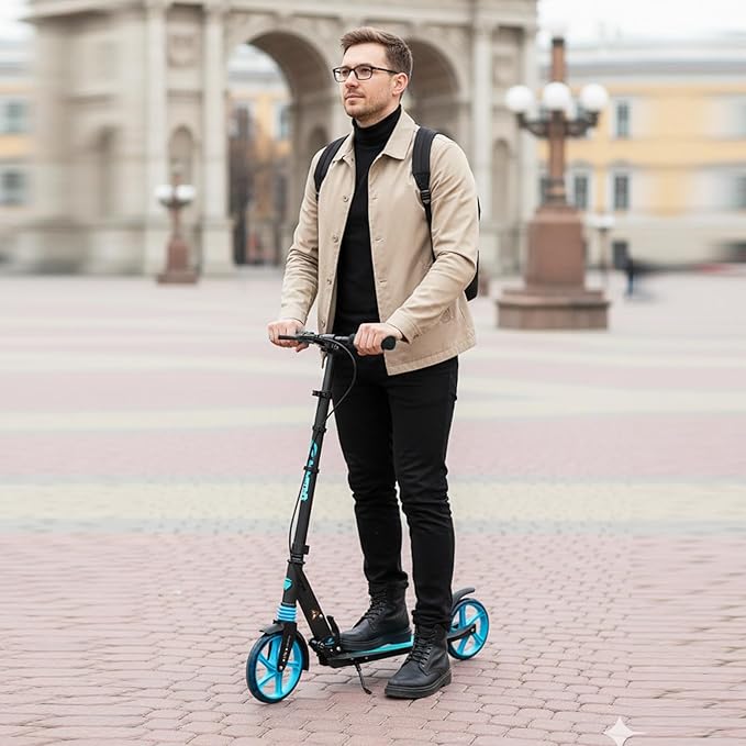 Scooter for Kids Ages 8+ Teens & Adults, Lightweight Kick Scooter with Carry Strap Adjustable Height Equipped with Front handbrake and Rear Brake, Big Sturdy PU Flash Wheels