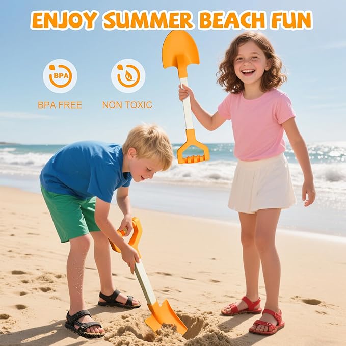 20” Long Sand Beach Shovels for Kids Heavy Duty Plastic Summer Sand Scoops Spades Toy Sandbox Garden Snow Digging Play Gift Set Party Bundle 2 Pack Orange