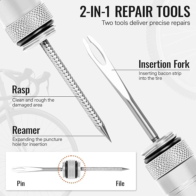 BWSHLF Tubeless Bike Tire Repair Kit for Mountain Bikes & Road Bicycles, Tubeless Tire Plug Kit with Storage Canister, Reamer, Insertion Fork, 10 Bacon Strips, Fix a Puncture or Flat, No Glue Needed