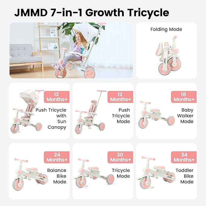 JMMD Baby Tricycle, 7-in-1 Foldable Kids Trike with Adjustable Parent Handle, Safety Harness & Wheel Brakes, Removable Canopy, Stroll Trike for Boys & Girls Ages 18 Months-5 Years, Pink