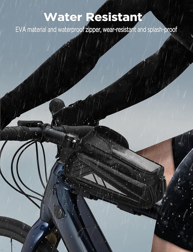 Bike Phone Holder Bag, EVA Waterproof Bicycle Front Frame Bag, Bike Accessories Cycling Pouch with Sensitive TPU Touch-Screen, Bicycle Phone Mount with Rain Cover for Phone under 6.5"(Black, 6.5 inch)