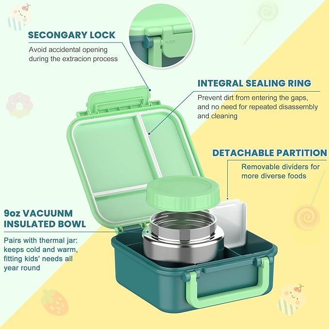 Bento Lunch Box for Kids with 9oz Thermo, Leak-proof Lunch Containers with 3 Compartments,Kids-friendly Size,Durable/Dishwasher Safe Lunch Box for School Outdoors-Green