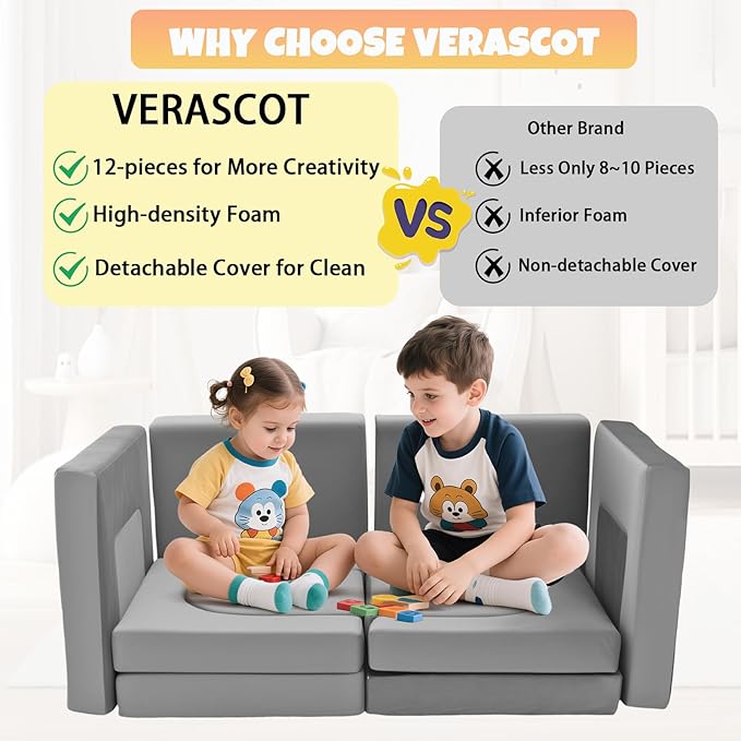 12Pcs Modular Kids Play Couch Multifunctional Foam Toddler Sofa Convertible Kids Sofa Playroom Bedroom Furniture Floor Foam Explorer Couch with Building Fort Feature for Boys and Girls (dark gray)
