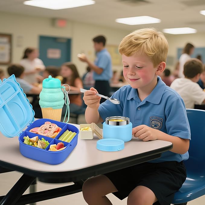 Dinosaur Lunch Box for Kids with Secret Compartment | 4 Compartments Bento Box + 12oz Insulated Food Jar | Leak-Proof Sauce Cup & Collapsible Spoon | BPA-Free, Dishwasher Safe(Blue+Blue Jar)