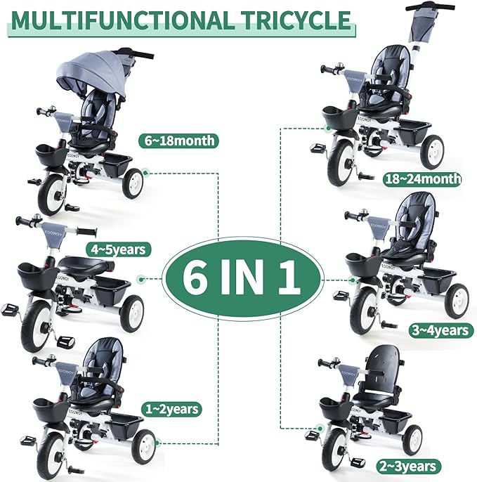 Baby Trike, 6-in-1 Kids Tricycle with Adjustable Push Handle, Removable Canopy, Safety Harness for 18 Months - 5 Year Old(Light Grey)