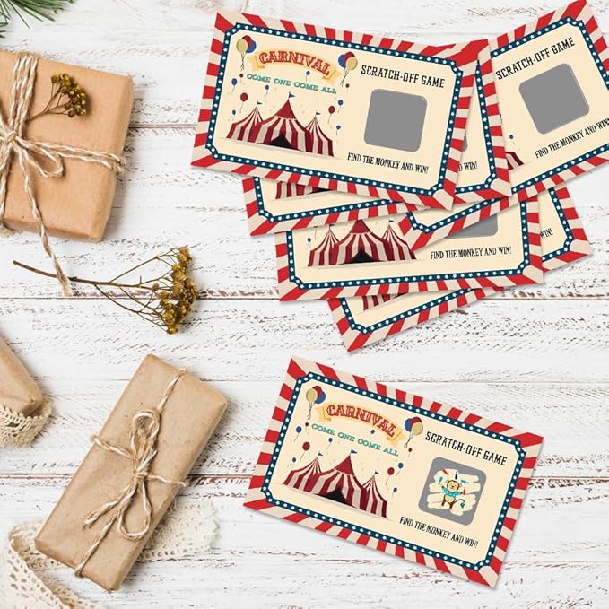 50 Psc Carnival Come One Come All Scratch off Game Cards, Retro Circus Theme Scratch Cards for Birthday Circus Party Baby Shower, Classroom Party Supplies, Lottery Group Games Activity