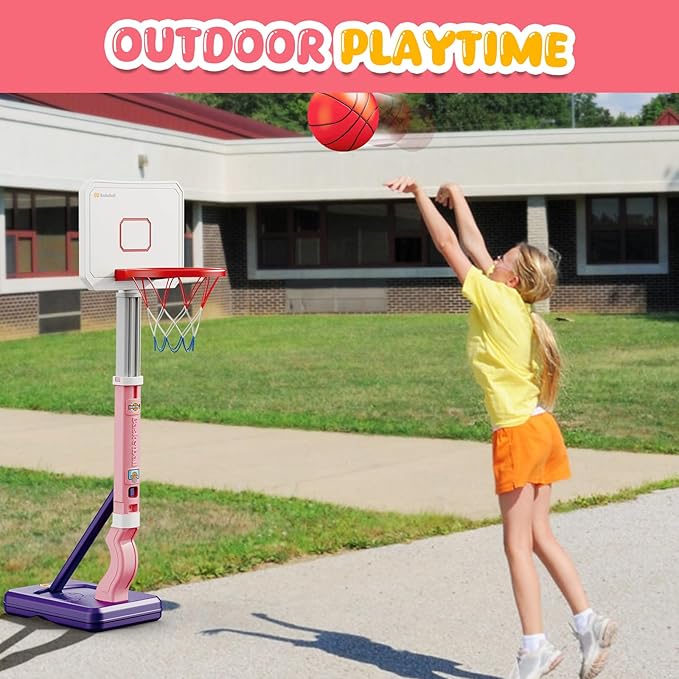 Toddler Basketball Hoop, Adjustable Height 2.3-4.5ft Baby Basketball Goal Set with 4 Balls & Pump, Backyard Poolside Basketball Toy for Boys & Girls Birthday Gift, Pink
