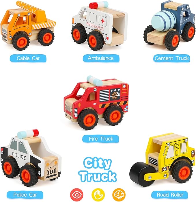 6Pcs Wooden Cars for Toddlers 1-3, Push and Go Vehicles, Kid Toys, Hand Push Cars for 1+ Year Old, Montessori