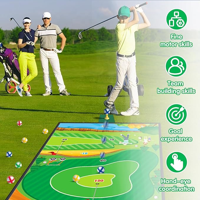 4 in 1 Golf Bow and Arrow Game Mat Set for Kids, Bow and Arrow for Kids with Target, Indoor Golf Games Chipping, Golf Club, 20 Sticky Balls, Toy Bow, 6 Felt Arrows,Outdoor Toys