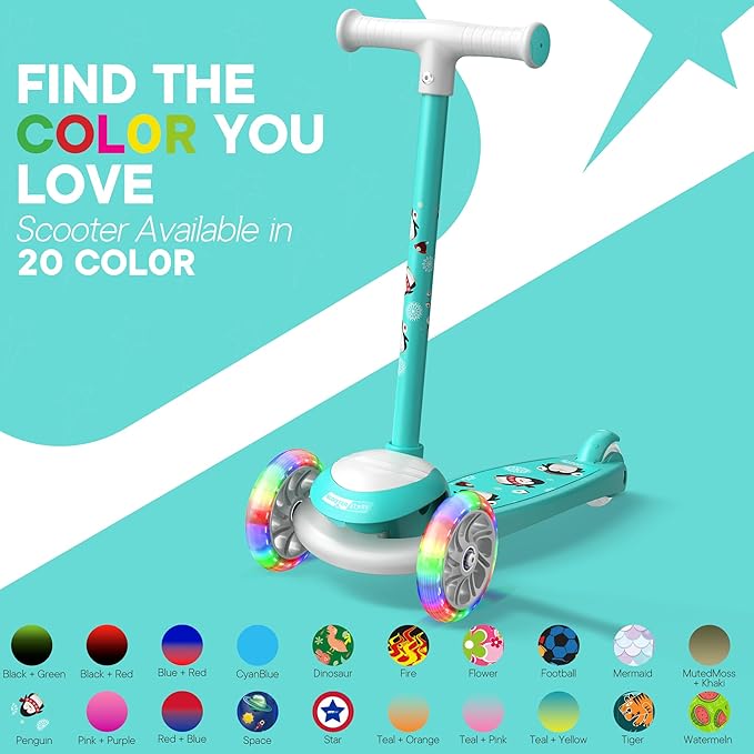 3 Wheel Scooter for Kids, Smooth Light Up LED Front Wheels, Wide Anti Slip Deck, Rear Foot Brake, Easy Lean to Steer Maneuvering, Indoor & Outdoor Ride On Toys for Ages 2 Up