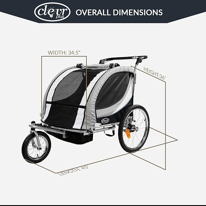 ClevrPlus Deluxe 3-in-1 Double 2 Seat Bicycle Bike Trailer Jogger Stroller for Kids Children | Foldable Collapsible w/Pivot Front Wheel