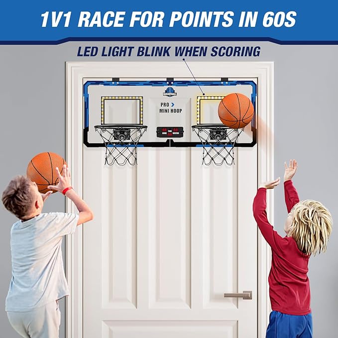 2 Player Basketball Game, Dual Shot Over The Door Mini Basketball Hoop Indoor with Scoreboard & LED, Basketball Toy Gifts for Kids Boys Girls Adults, Suit for Bedroom/Office/Outdoor/Pool, Blue