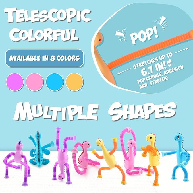8Pcs Telescopic Suction Cup Dinosaur Toys,Sensory Toys for Kids 3-5 5-7,Toddler Toy,Fidget Toy,Toddler Travel Essential for Airplane,Pop Tubes, Christmas Stocking for Kids Boys Girls B