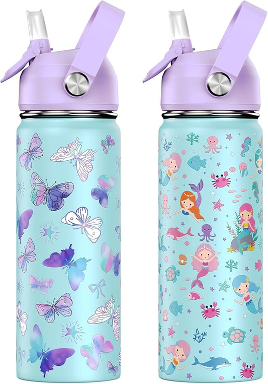 18oz Kids Insulated Water Bottle with Straw Lid - 18/8 Stainless Steel Kid Cup Travel Tumbler Double Wall Vacuum Leak Proof Portable Toddler Water Bottle (Butterfly+Mermaid）