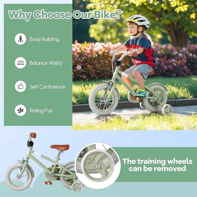 BABY JOY Colorful Macarons Kids Bike, 12 14 16 18 Inch Sporty Children's Bicycle with Training Wheels, Adjustable Handlebar & Saddle, Handbrake & Coaster Brake, Boys Girls Bike for 3-8 Years Old