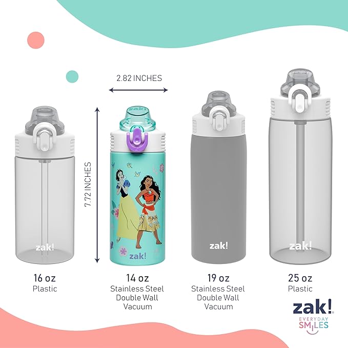 Zak Designs Disney Princess Kids Water Bottle For School or Travel, 14oz Stainless Steel Water Bottle With Straw, Handle, and Leak-Proof, Pop-Up Spout Cover (Ariel, Moana, Snow White, Tiana)