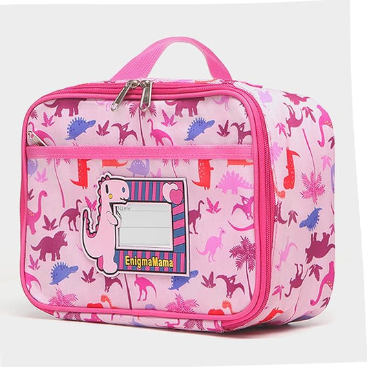 Pink Dinosaur Lunch Box Girl Lunch Bag with Name Tag Reusable 4-6hrs Insulated Square Portable Lunch Bag for Toddler Small Leakproof Cute Cooler Organizer Tote bag (Pink bag)