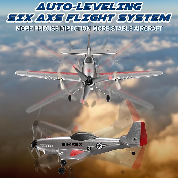 SIMREX RC Plane for Kids - 2.4GHz 3-Channel Remote Control Airplane Toy with 6-Axis Gyro, 2 Speeds, 2 Batteries, P51 RC Airplane, Foam Glider - Gift for Boys & Girls