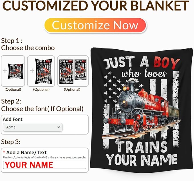Personalized Train Blanket for Boys - Cute Throw Blanket Gifts for Kids Cars Lovers - Custom 50x60 Inches Black Soft Car Blankets for Sofa Couch - Trains Stuff Bedroom Decor