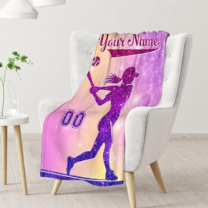 Custom Baseball Blanket Gifts for Girls, 60x80 Inches Sport Throw Blanket for Women Kids Teens, Personalized Pink Soft Fuzzy Softball Blankets for Couch Sofa Bed