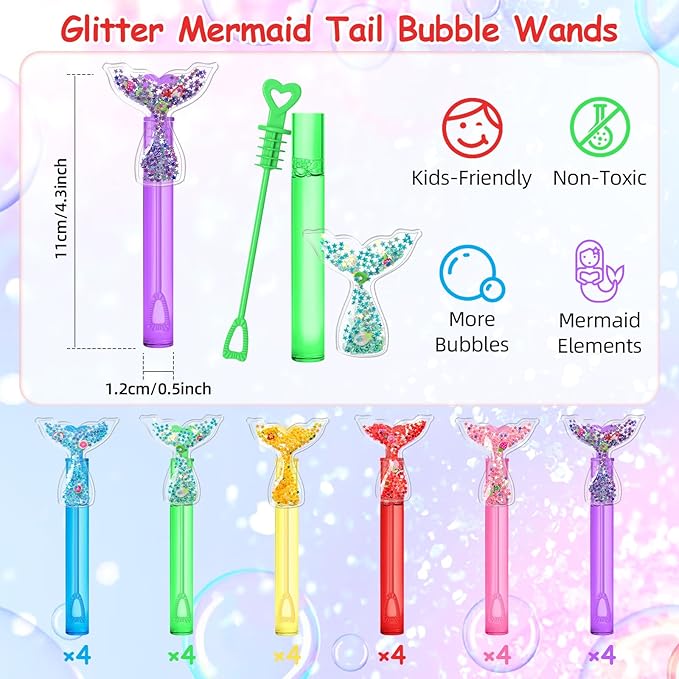 AFZMON 24Pcs Glitter Mermaid Bubble Wands for Kids, Mermaid Tail Party Favors Mini Bubbles Birthday Gift Toy Goodie Bag Stuffers Classroom Prizes Wedding Party Supplies