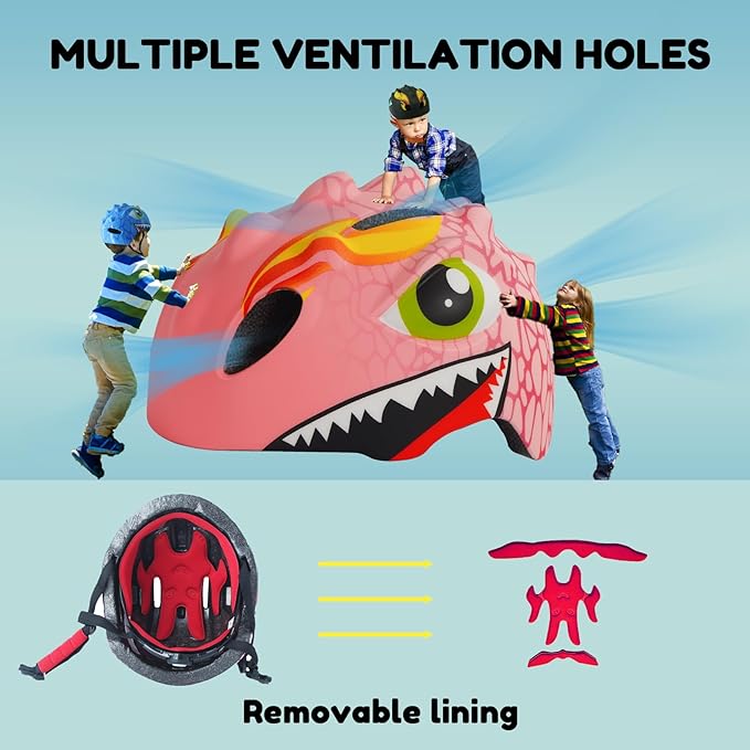 Toddler Helmet Kids Bike Helmet for 2 3 4 5 6 7 8 Years Old Girls with 3D Dinosaur Design Protective Gear Set and Safety Certified, Toddler Bike Cycling Skating Skateboard Scooter Helmet